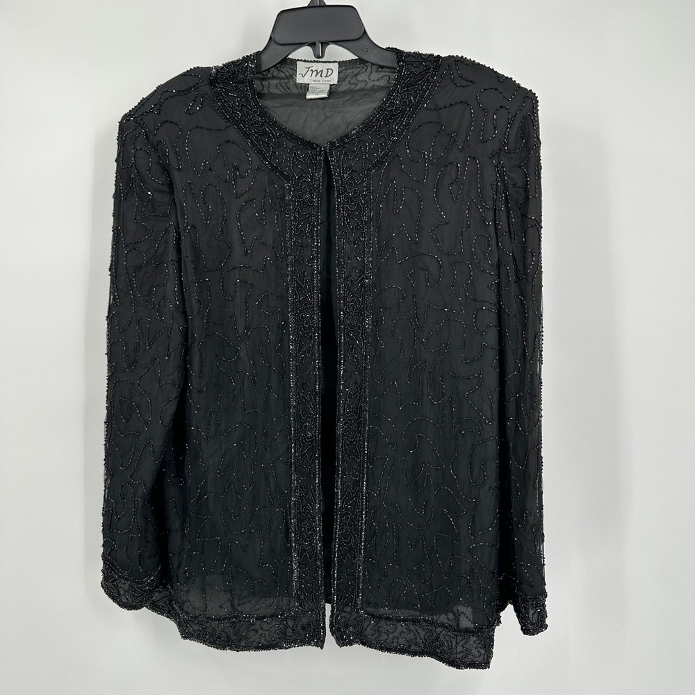 Womens Vintage Art‎ Deco Silk Beaded Jacket Size M Black Open Front Elegant